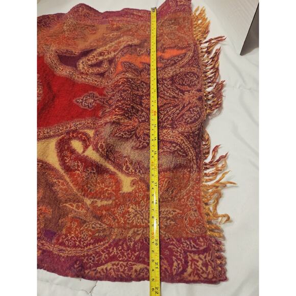 CORAL RED PAISLEY PASHMINA 100% Pure New Wool Boho Hippy Cottagecore Preppy - Picture 6 of 6
